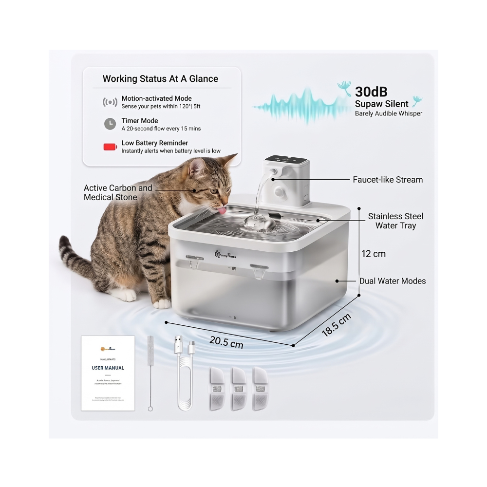 Cordless Stainless Steel Cat Water Fountain, 2.5L – Motion Sensor & Dual Flow Modes