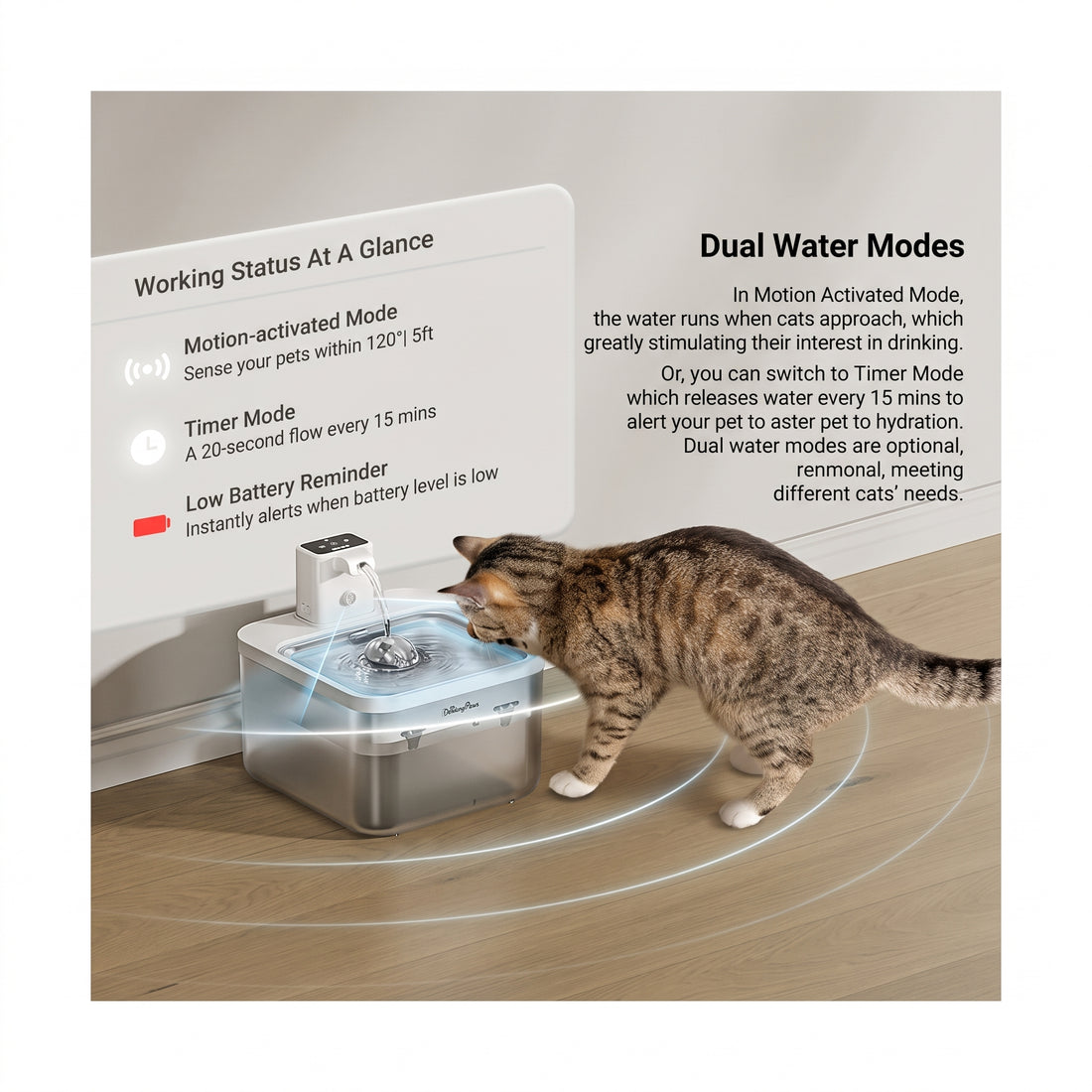 Cordless Stainless Steel Cat Water Fountain, 2.5L – Motion Sensor & Dual Flow Modes
