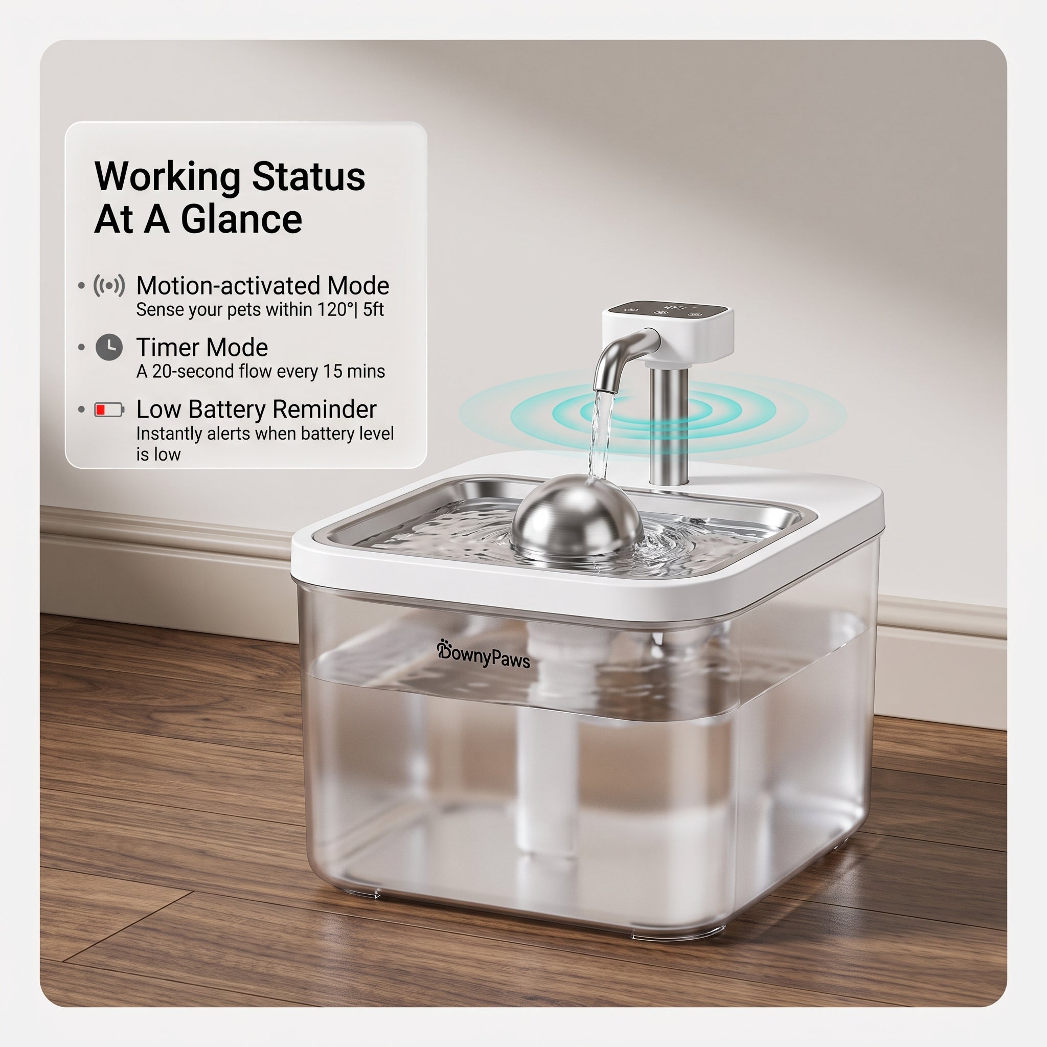 Cordless Stainless Steel Cat Water Fountain, 2.5L – Motion Sensor & Dual Flow Modes